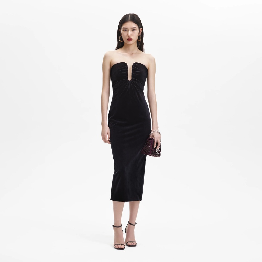 Self Portrait Strapless Black Velvet Midi Dress US 2 UK 6